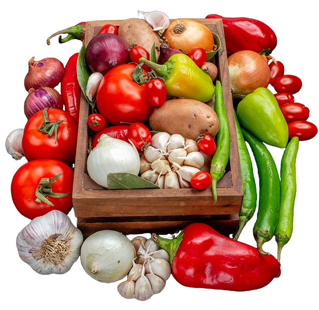 A rustic wooden box overflowing with fresh tomatoes, peppers, onions, garlic, and other vegetables, showcasing farm-fresh produce ready for culinary delights.